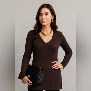 Adrienne Vittadini 100% Merino Wool Dark Brown V-Neck Sweater | Size Large